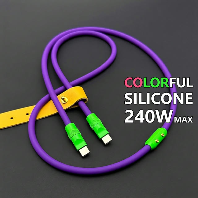 Purple and green colour-block silicone USB-C cable on a dark background