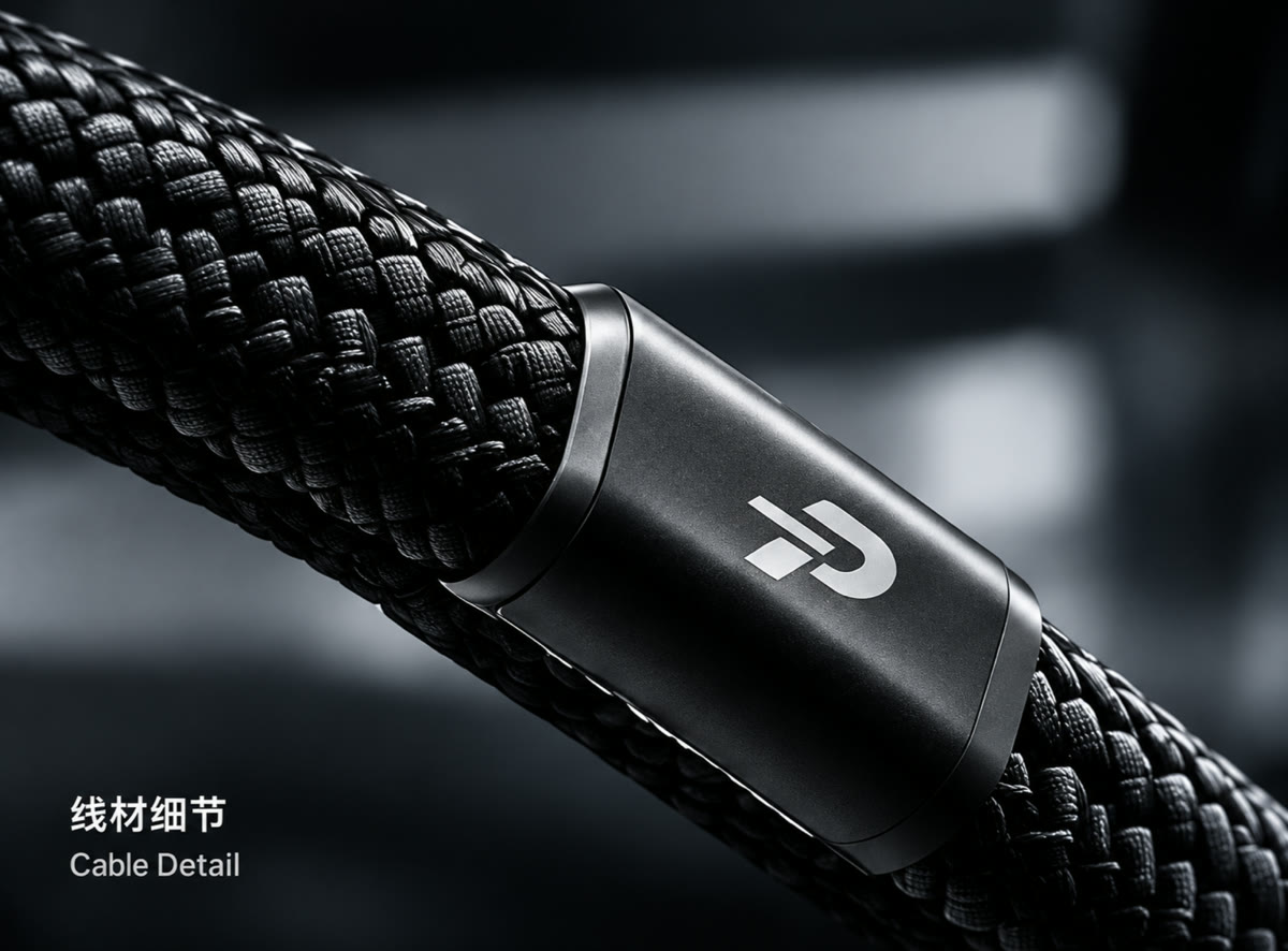 LinePower P mark on a black braided cable housing