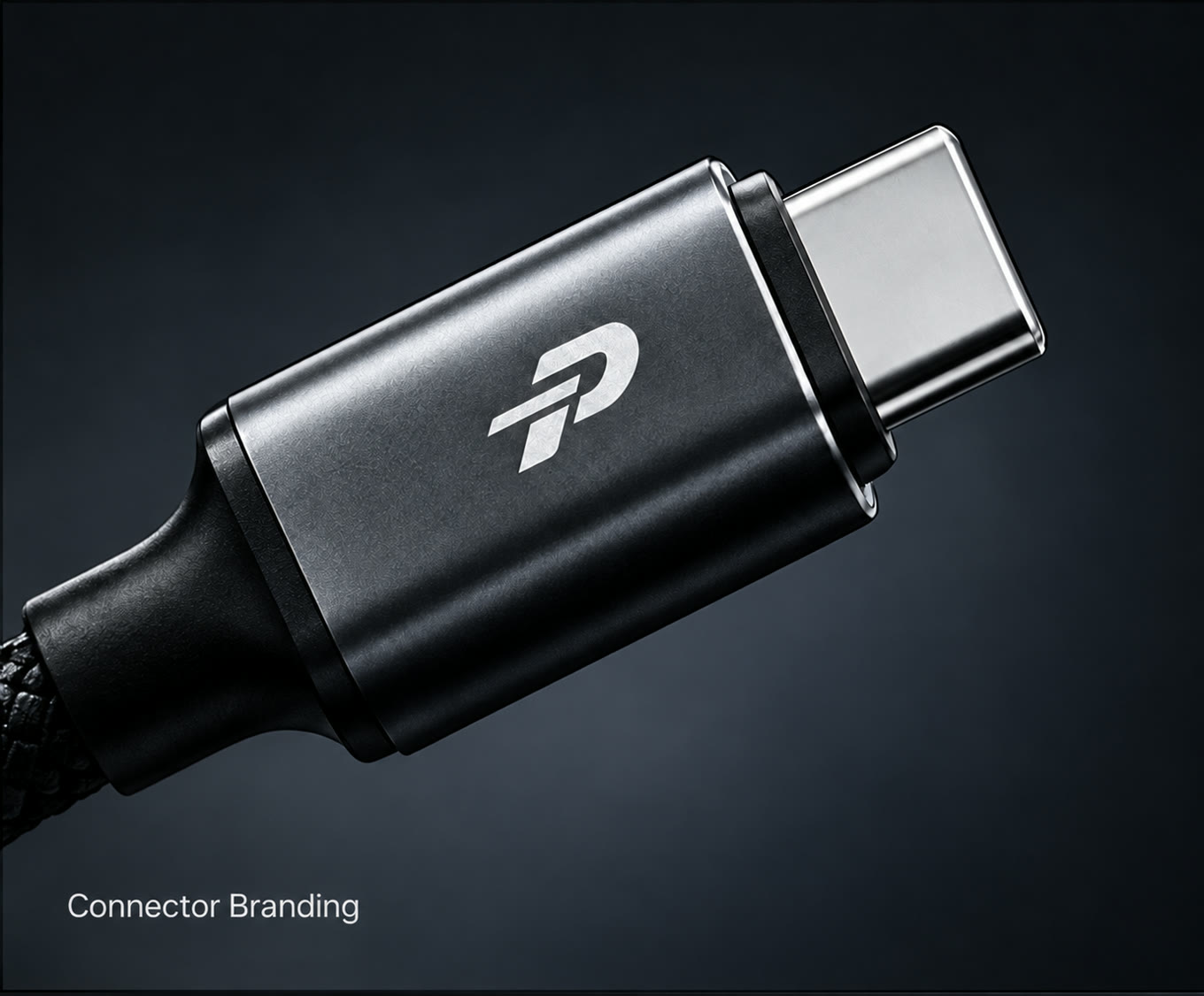 LinePower P emblem on a dark metal USB-C connector, brand design visual